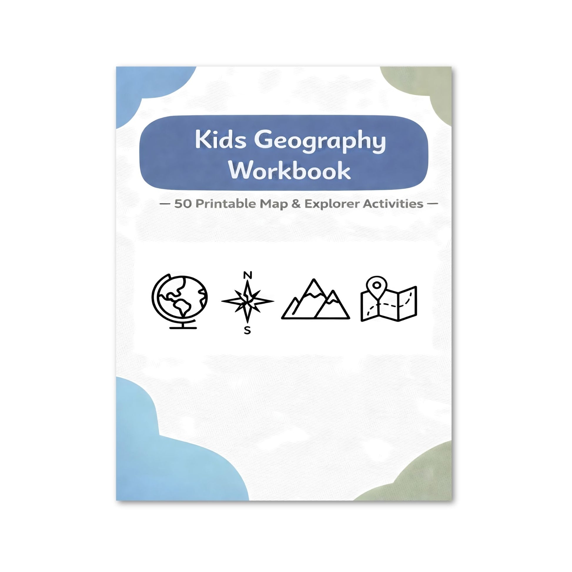 Kids Geography Workbook with icons on a white background