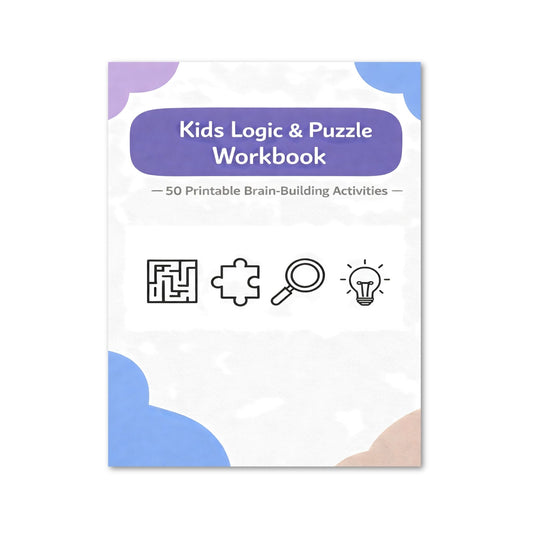 Kids Logic & Puzzle Workbook with icons on a white background