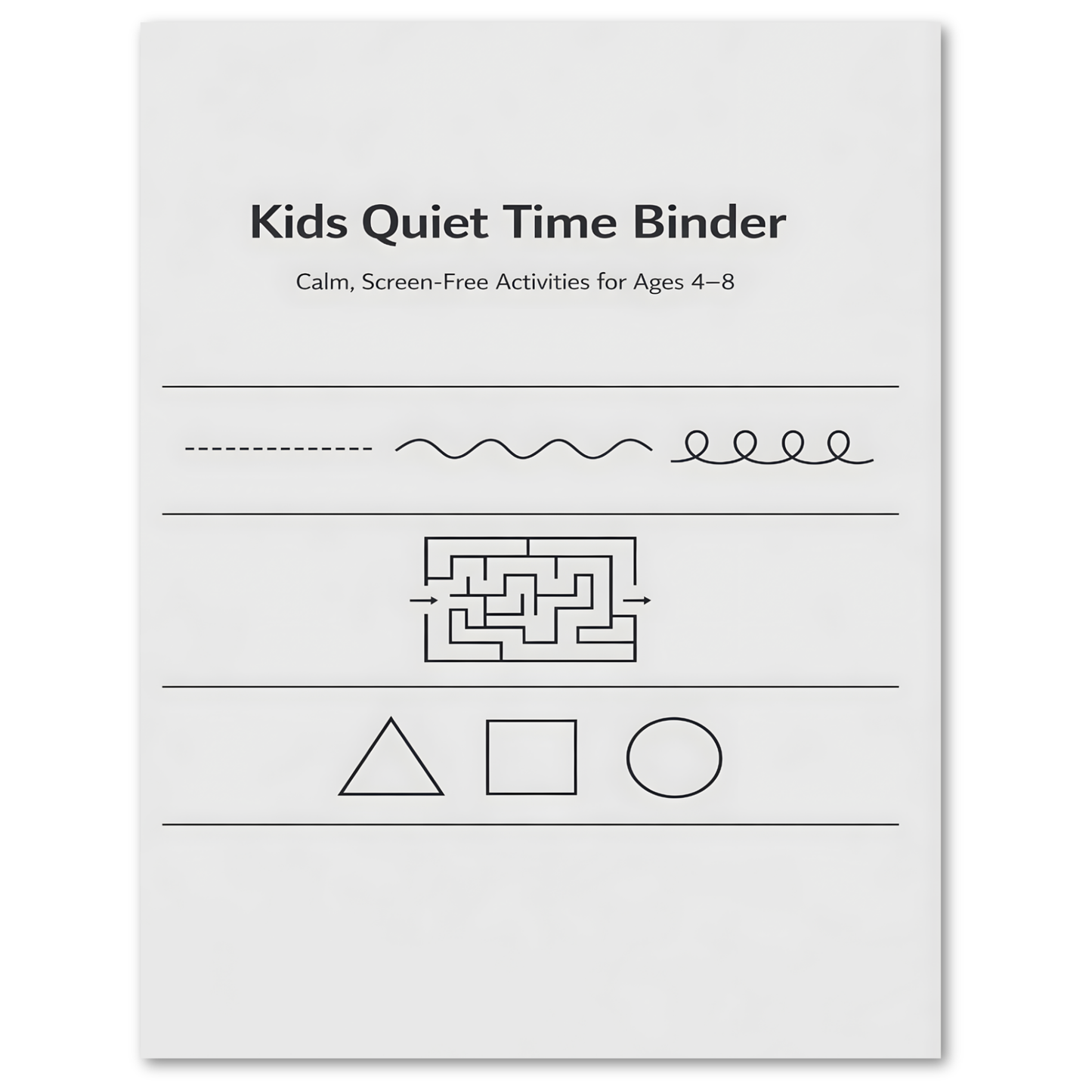 Cover of 'Kids Quiet Time Binder' with black text and line drawings on a white background