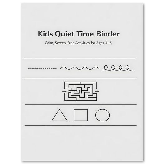 Cover of 'Kids Quiet Time Binder' with black text and line drawings on a white background