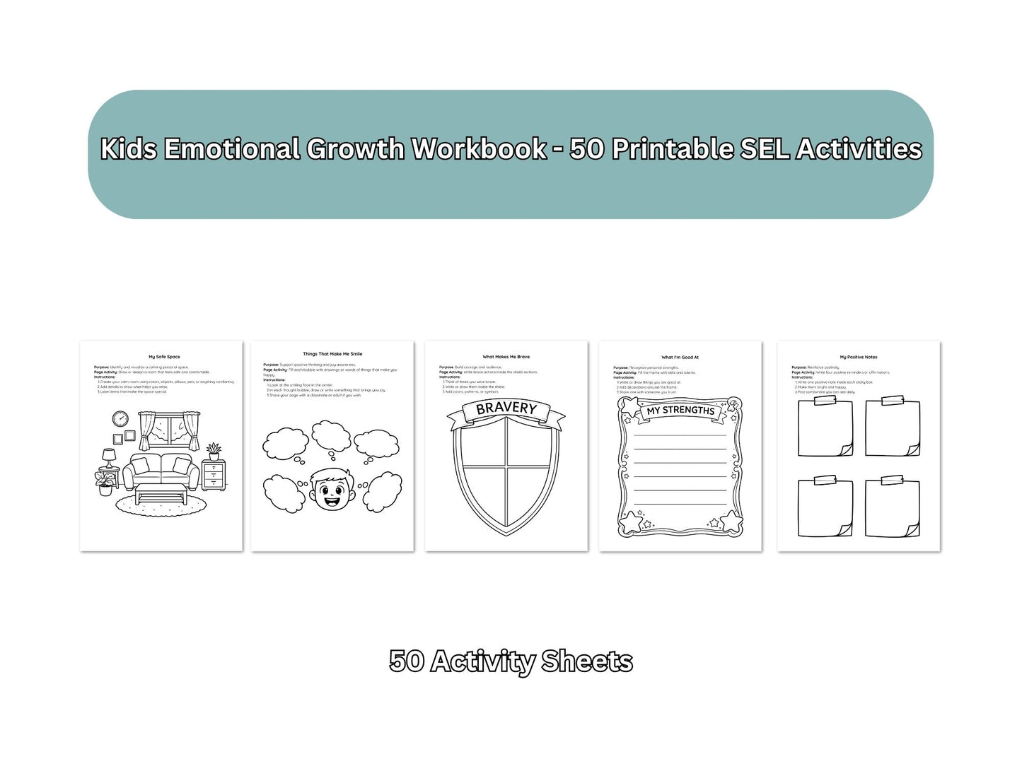 Cover of a Kids Emotional Growth Workbook with 50 printable activities on a white background.