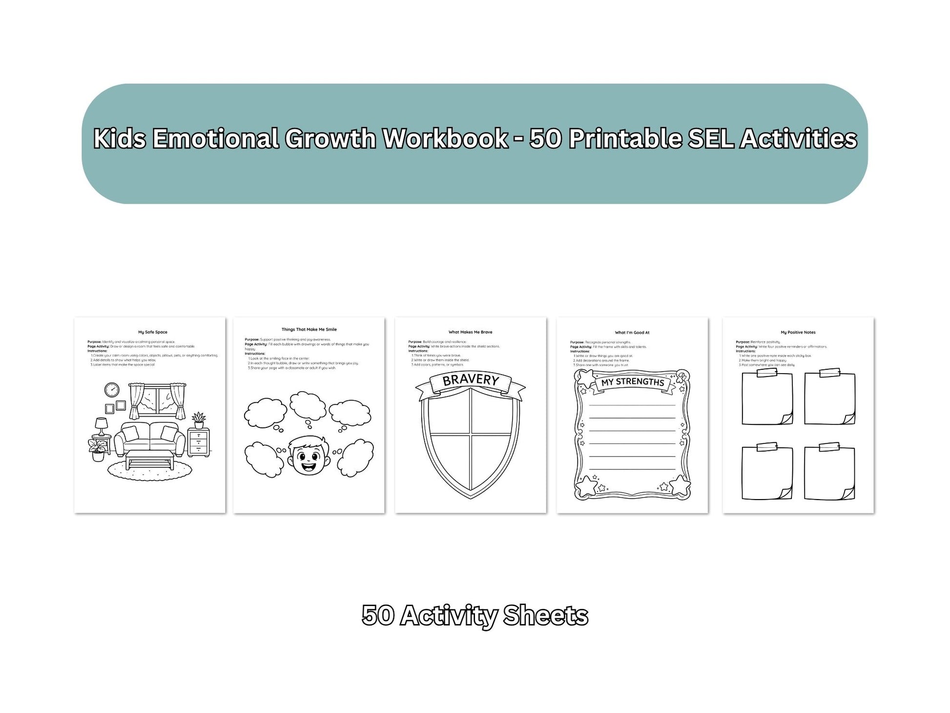 Cover of a Kids Emotional Growth Workbook with 50 printable activities on a white background.