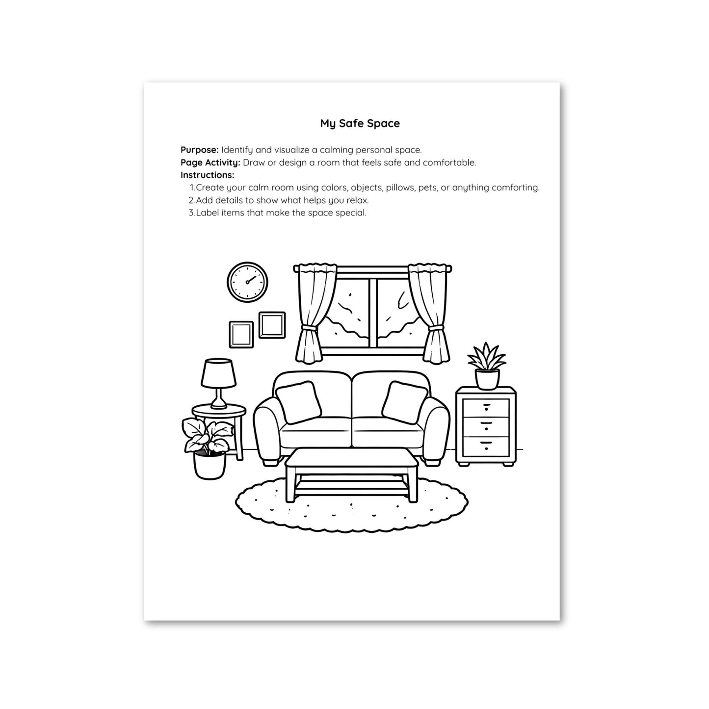 Sheet of paper with a black and white drawing of a living room and text instructions.