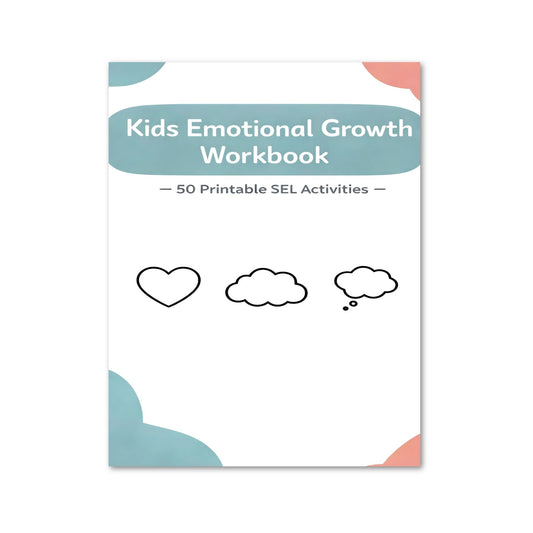 Kids Emotional Growth Workbook with heart, cloud, and thought bubble illustrations on a white background