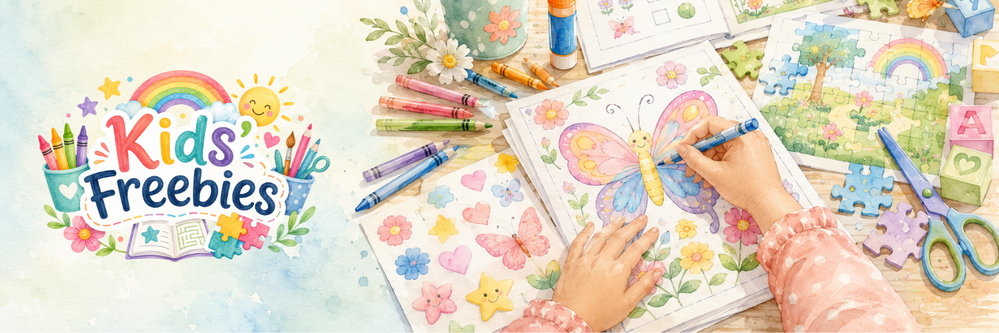 A colorful promotional banner for 'Kids Freebies' showing a child's hands coloring a butterfly in a book, surrounded by crayons, scissors, puzzle pieces, and other children's activities on a light background with the 'Kids Freebies' logo on the left.