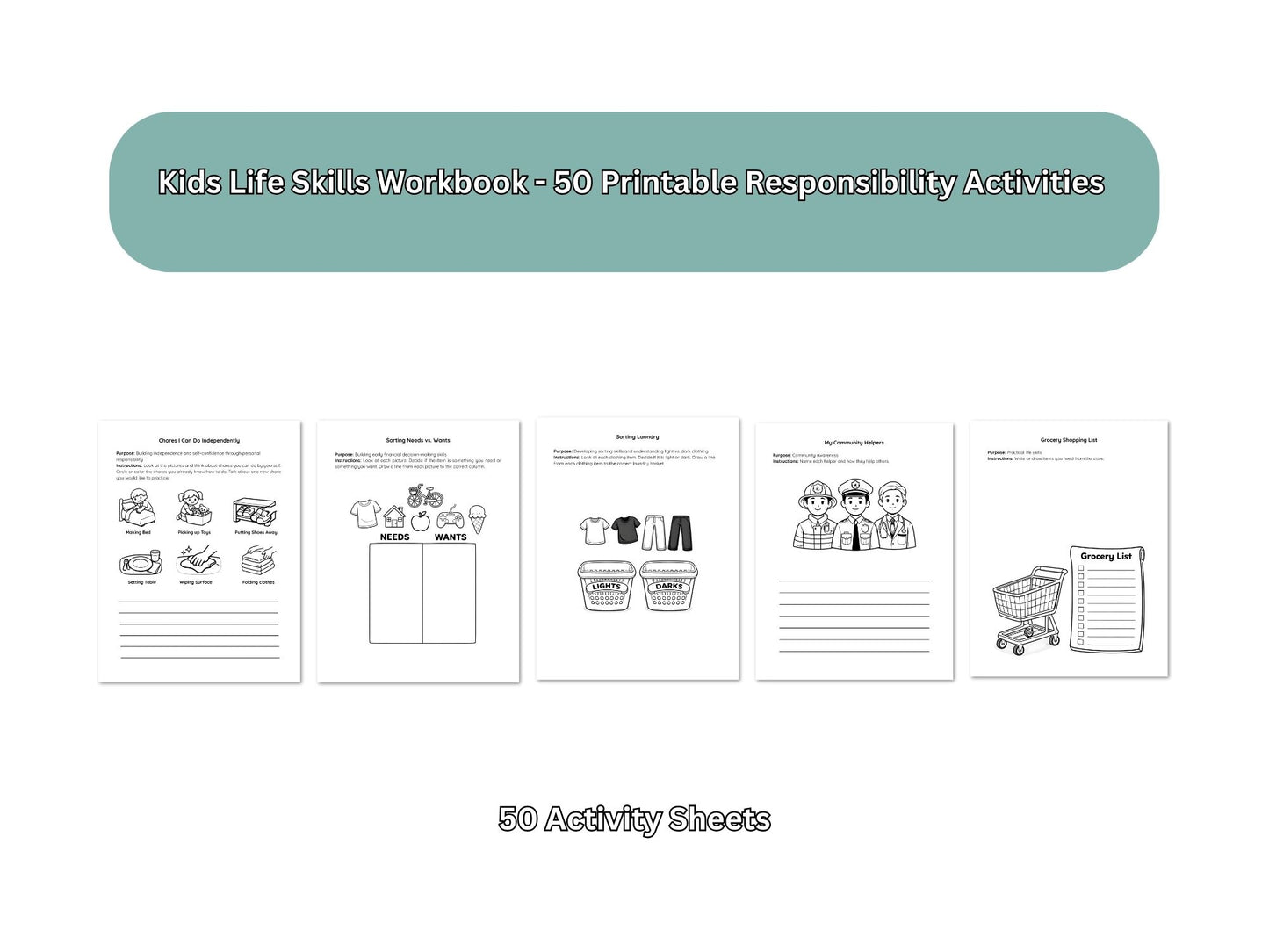 Cover of 'Kids Life Skills Workbook' with 50 printable responsibility activities on a white background.