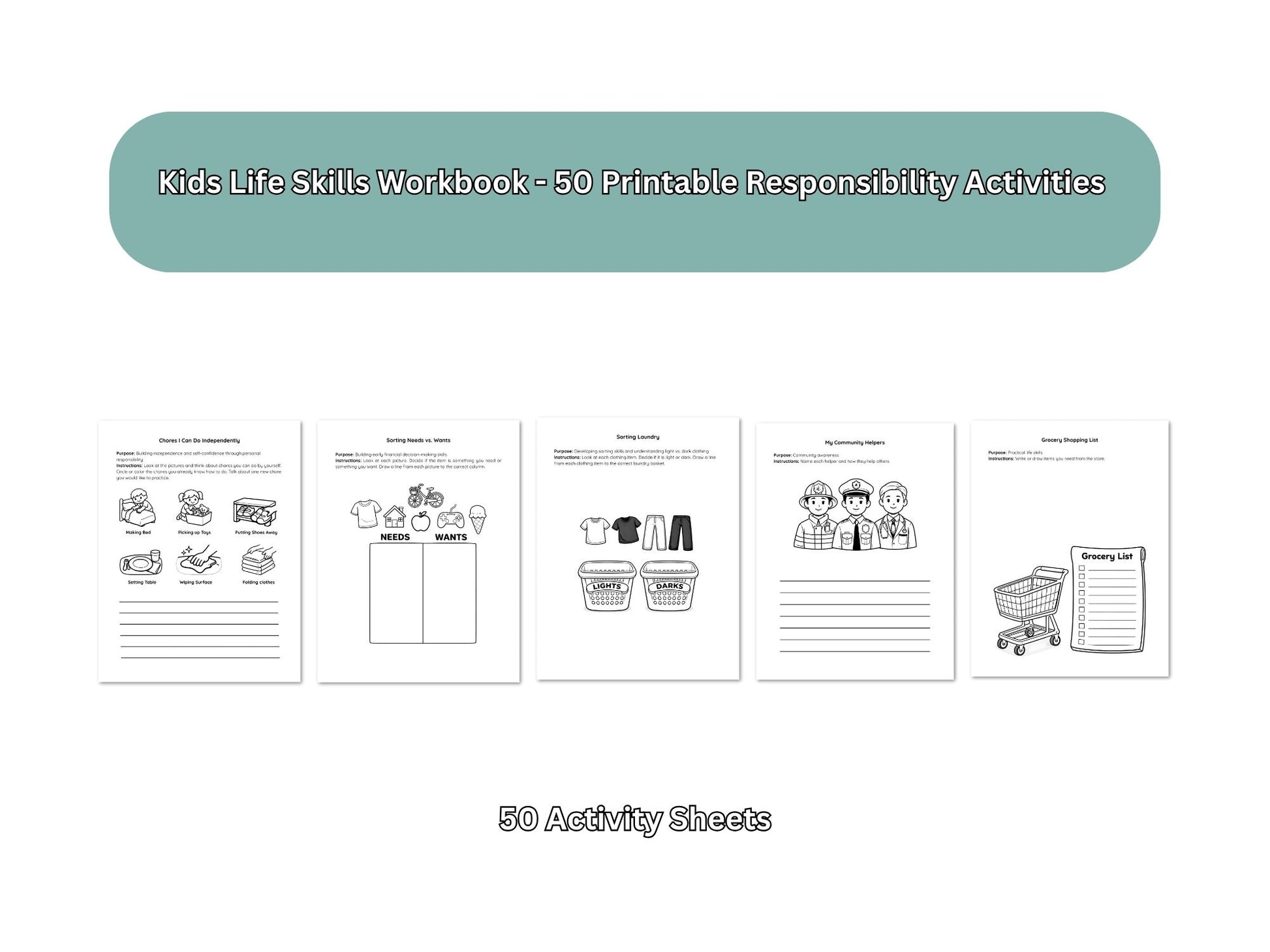 Cover of 'Kids Life Skills Workbook' with 50 printable responsibility activities on a white background.