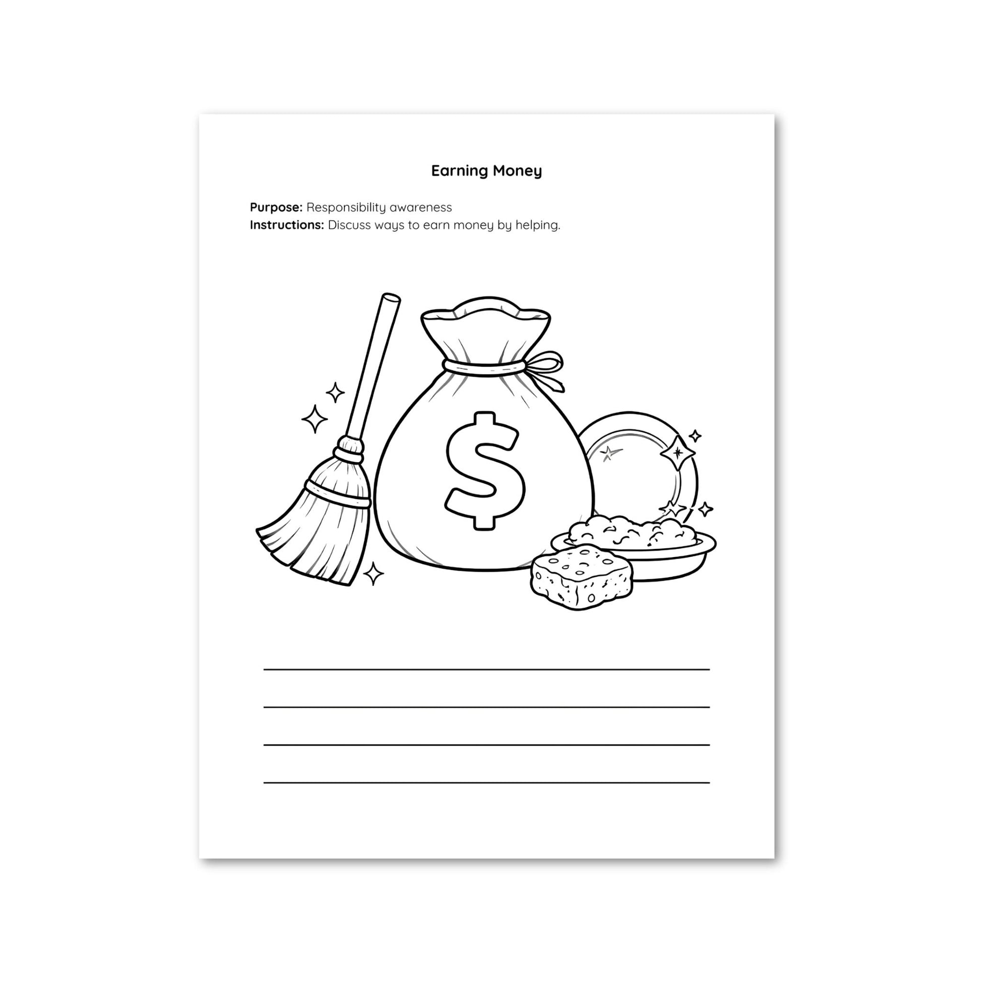 Educational worksheet on earning money with a bag of money, broom, and sponge illustration.