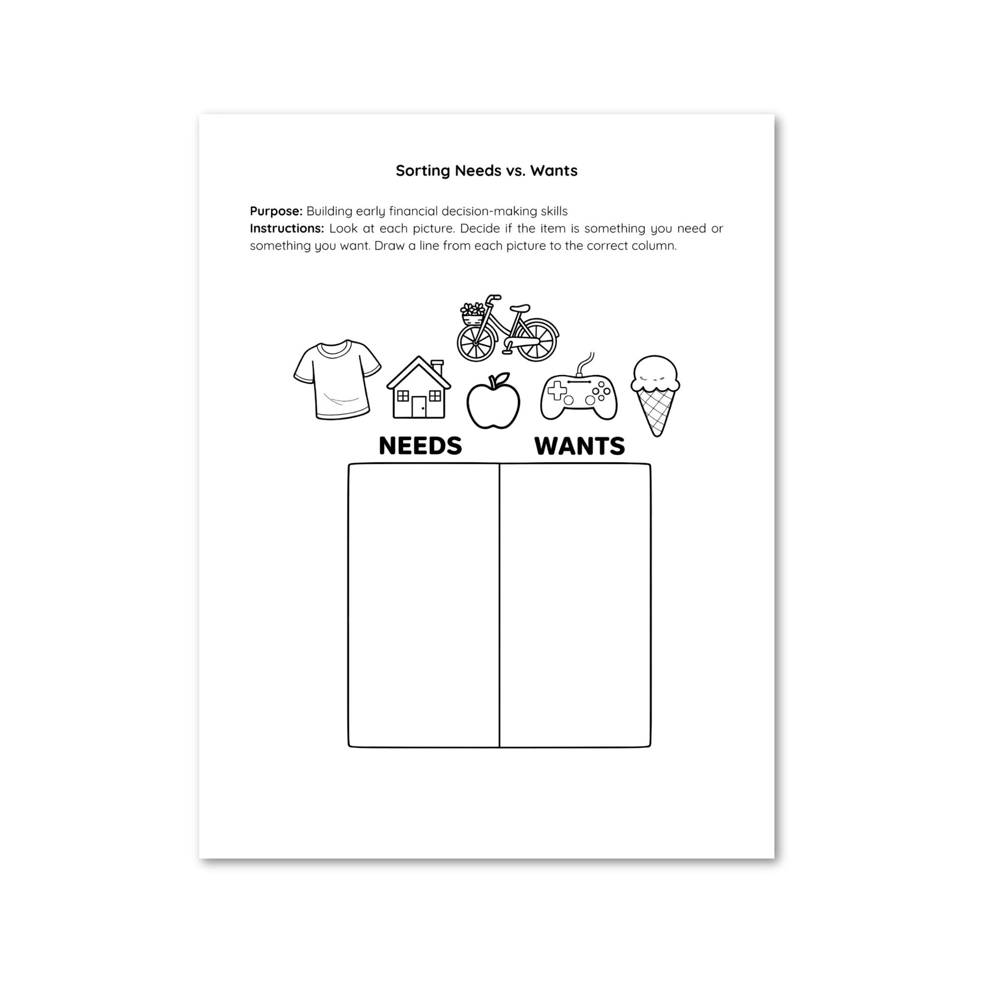 Educational worksheet on sorting needs vs. wants with illustrations and checkboxes.