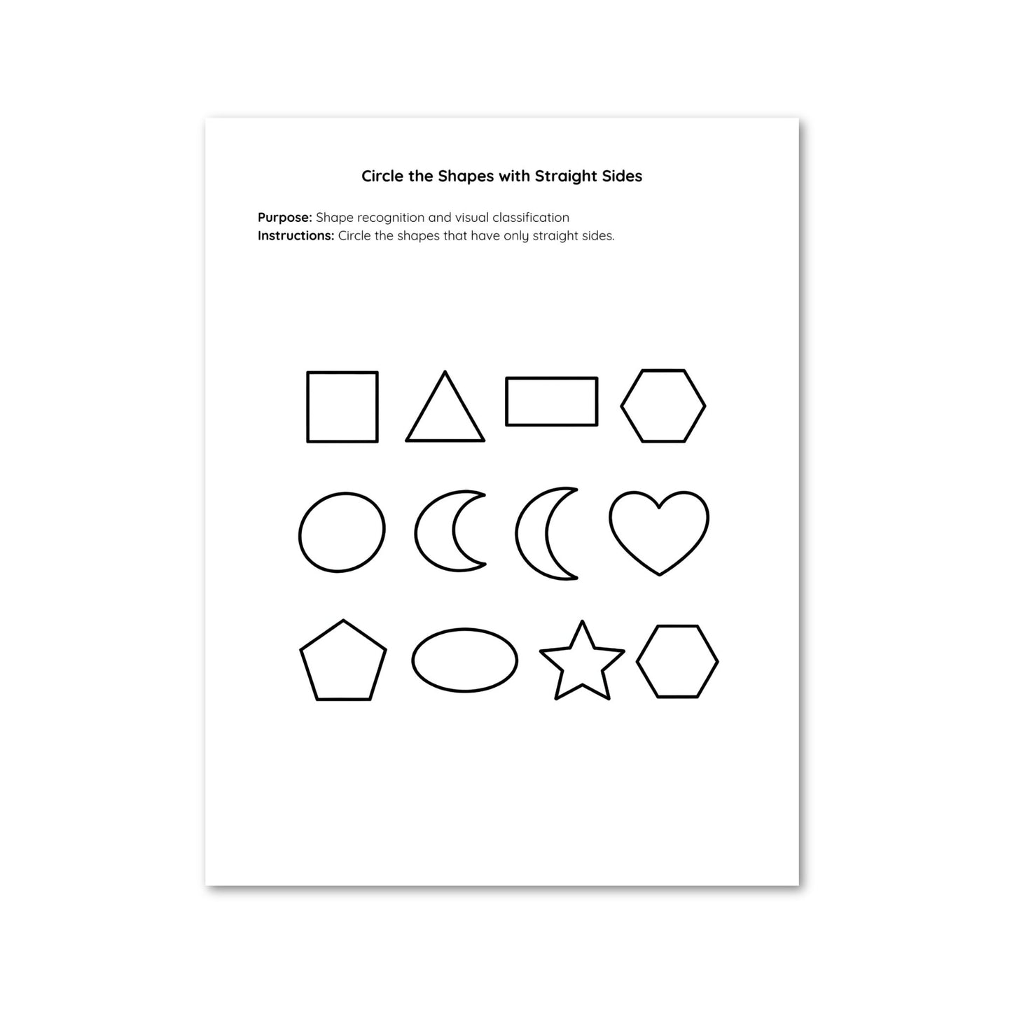 Sheet with geometric shape outlines for circle exercise on a white background
