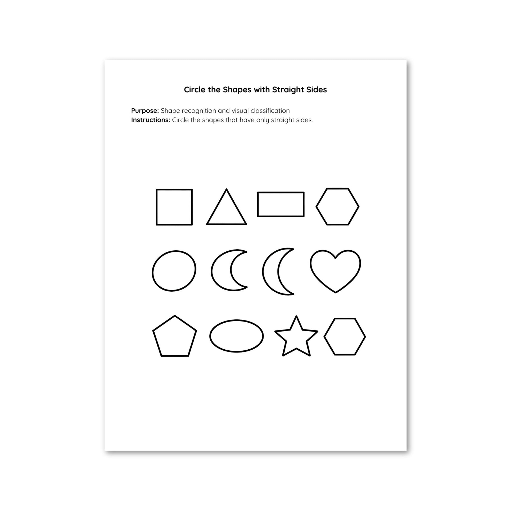 Sheet with geometric shape outlines for circle exercise on a white background