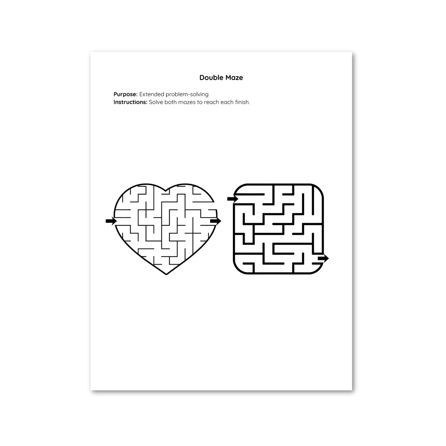 Double maze puzzle with heart and rectangular shapes on a white background