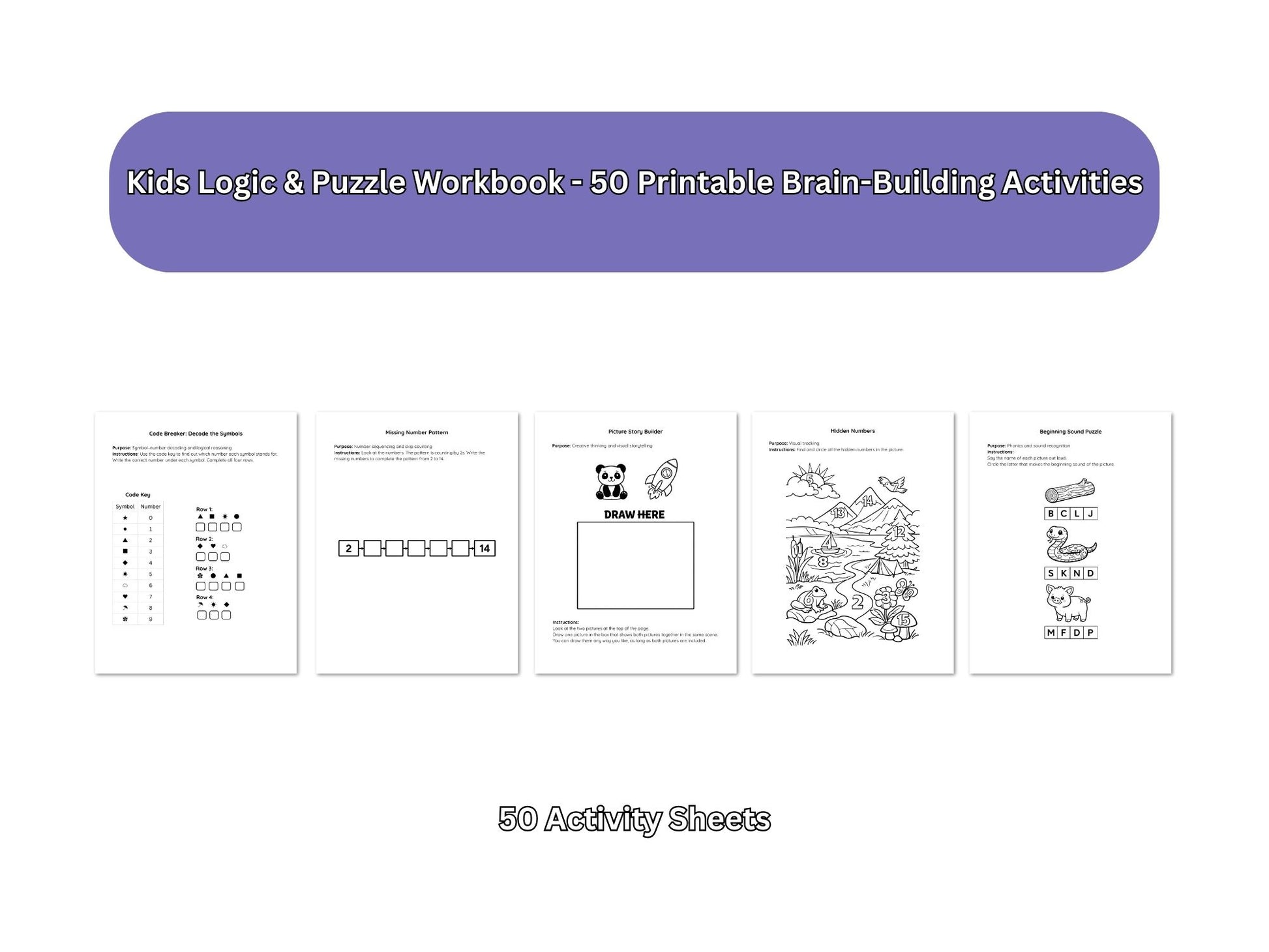 Cover of a Kids Logic & Puzzle Workbook with sample pages displayed.