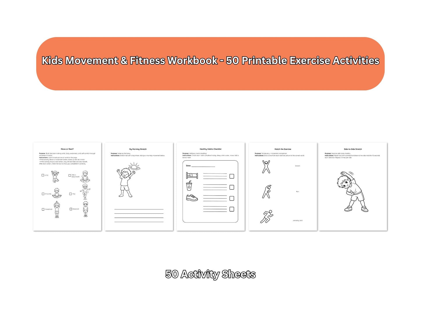 Cover of 'Kids Movement & Fitness Workbook' with sample pages on a white background