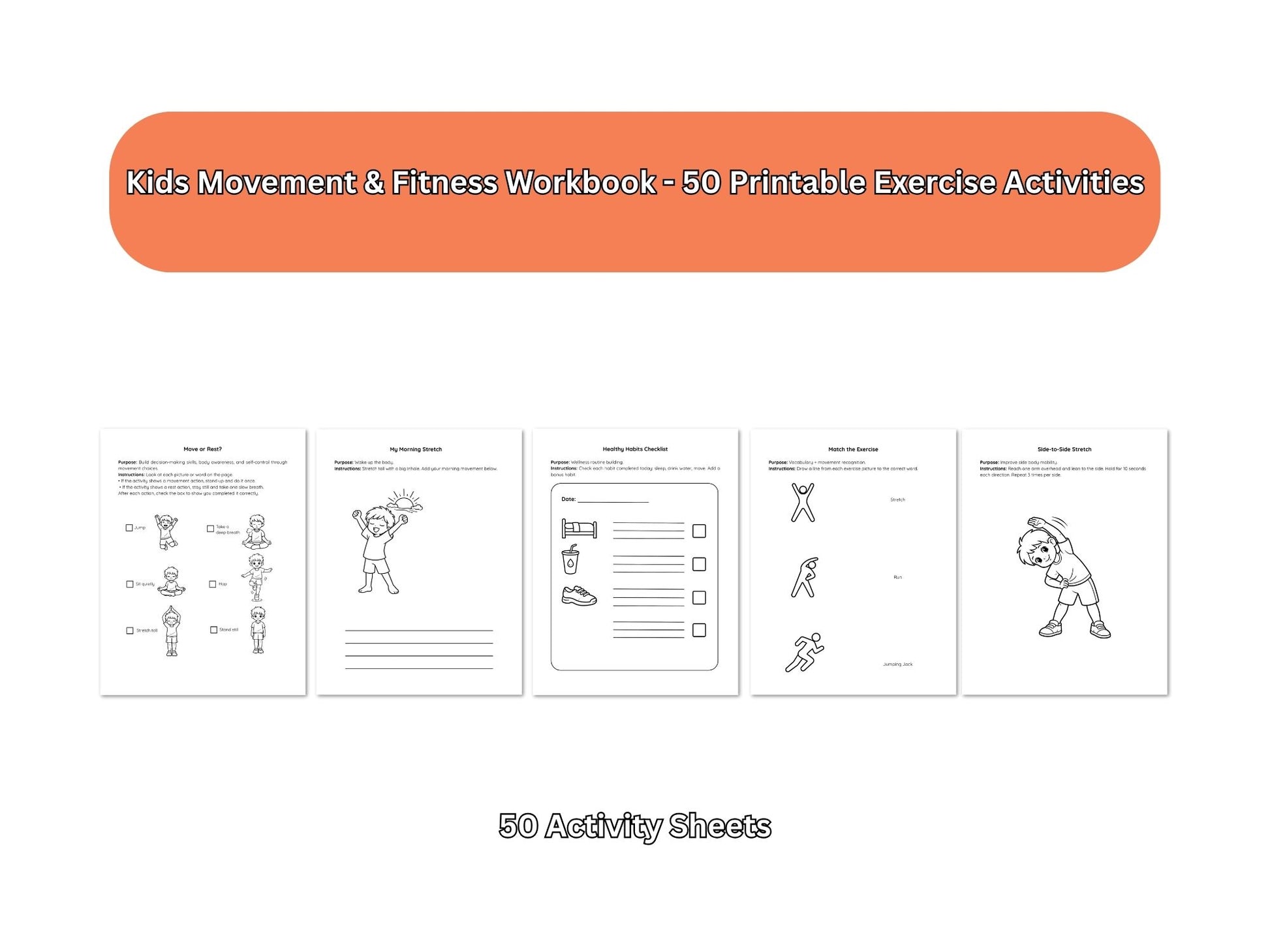 Cover of 'Kids Movement & Fitness Workbook' with sample pages on a white background