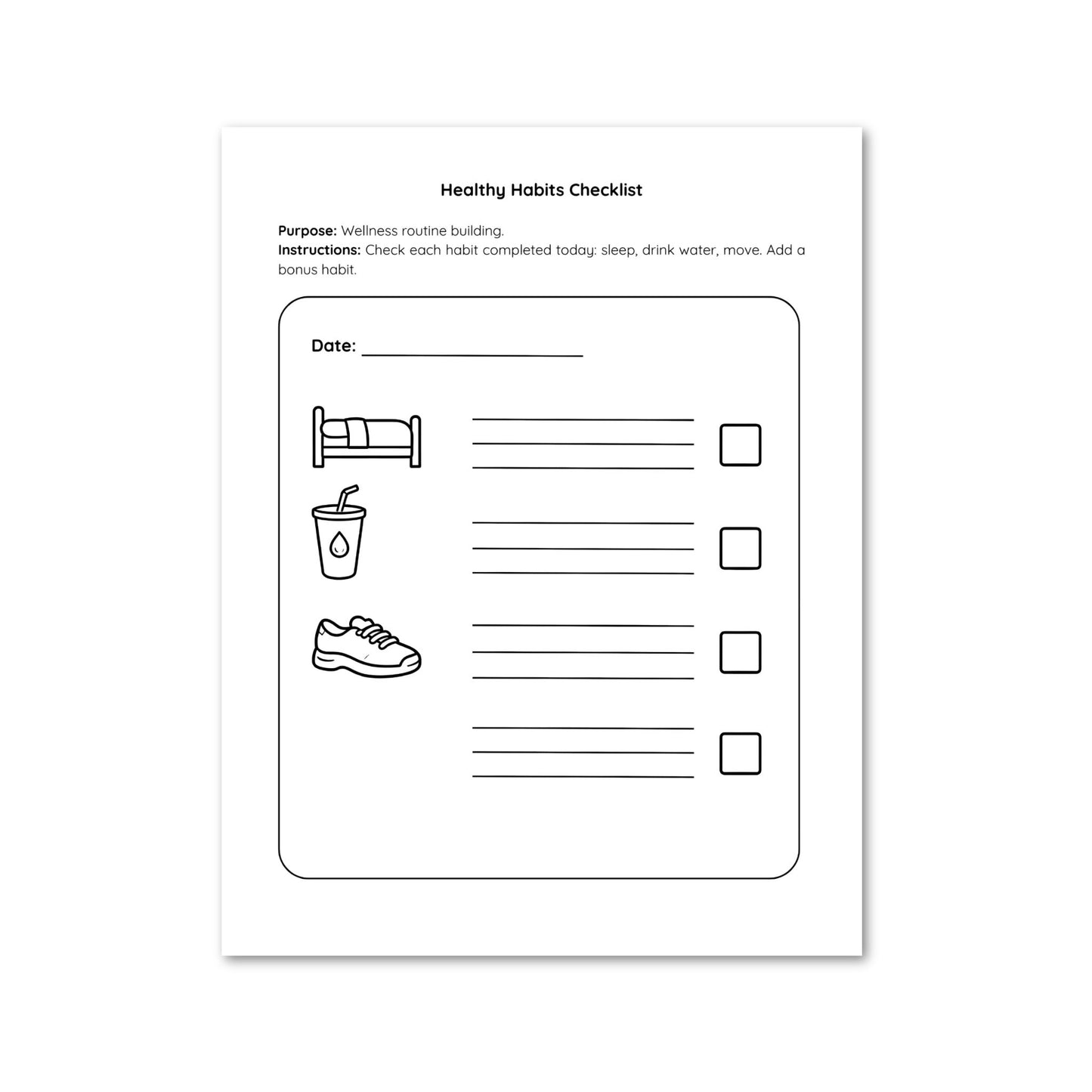 Healthy Habits Checklist with icons and checkboxes on a white background