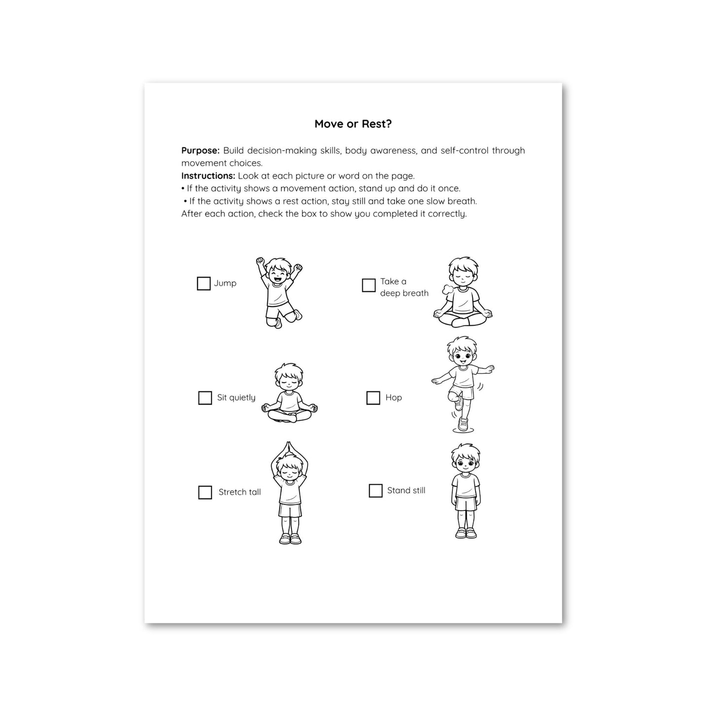 Educational worksheet titled 'Move or Rest?' with black and white illustrations and checkboxes.