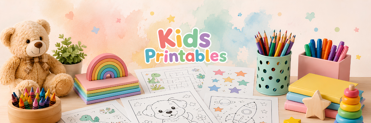 A colorful children's printable-themed setup with the words 'Kids Printables' in the center. Visible items include a teddy bear, pencil cups, coloring pages, a rainbow stack, a small plant, and pastel stationery on a soft pastel background.