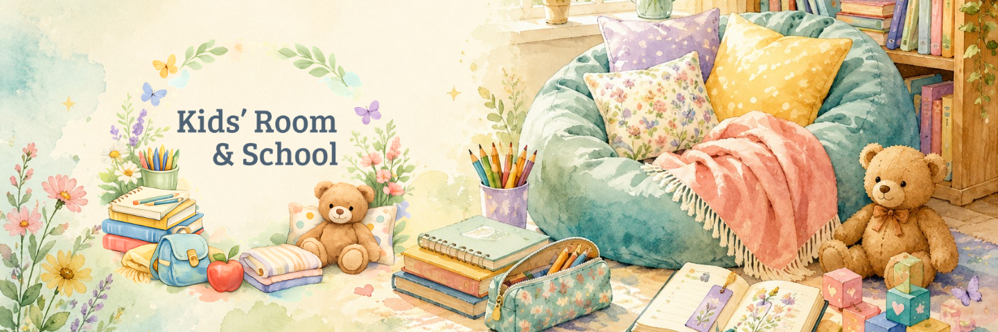 A whimsical watercolor-style kids' room and school corner scene with a teal beanbag chair, pastel pillows, a pink throw blanket, books, pencils, flowers, and teddy bears. The text 'Kids' Room & School' appears on the left.
