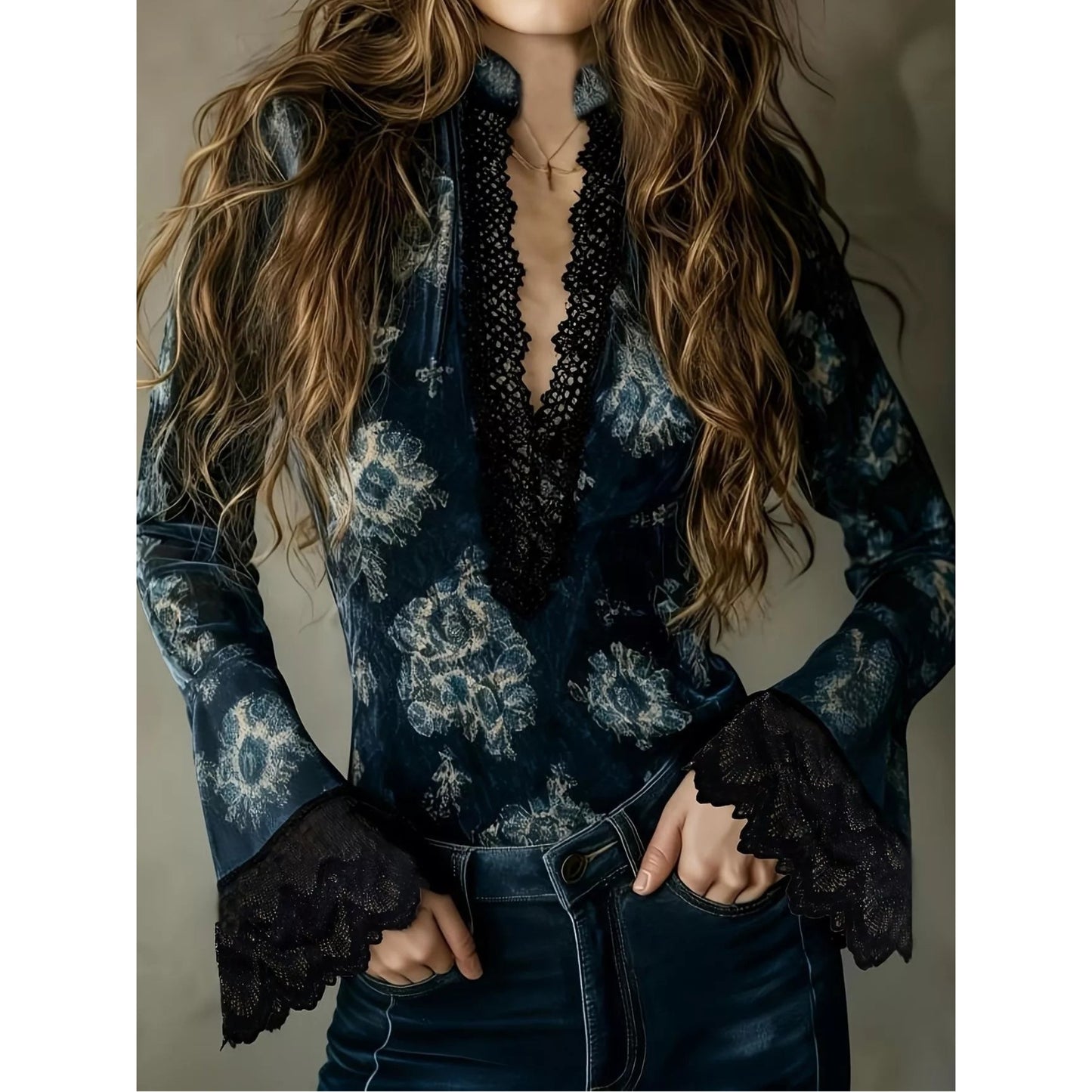 Lace Trim Flare Sleeves Blouse