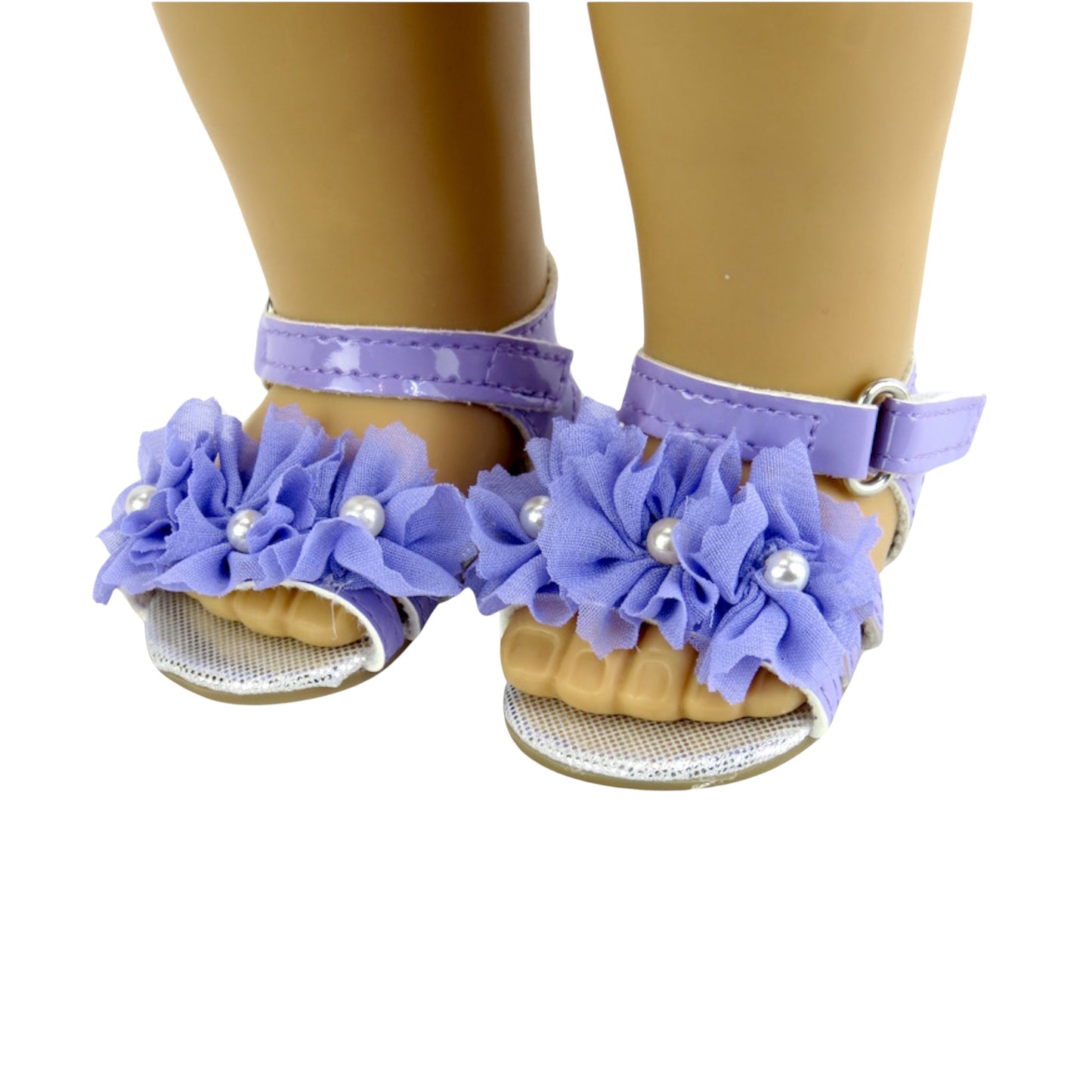 Lavender Flower Frill Sandals for 18 inch dolls with doll