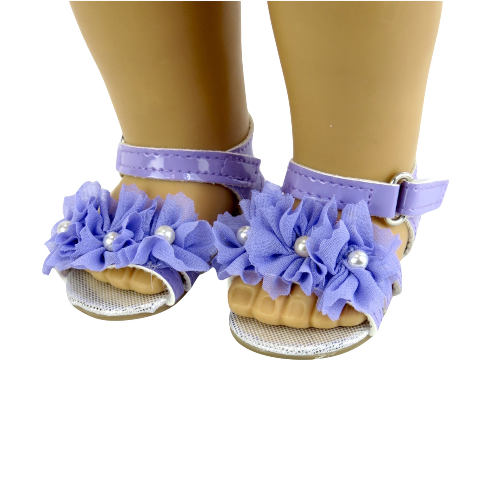 Lavender Flower Frill Sandals for 18 inch dolls with doll