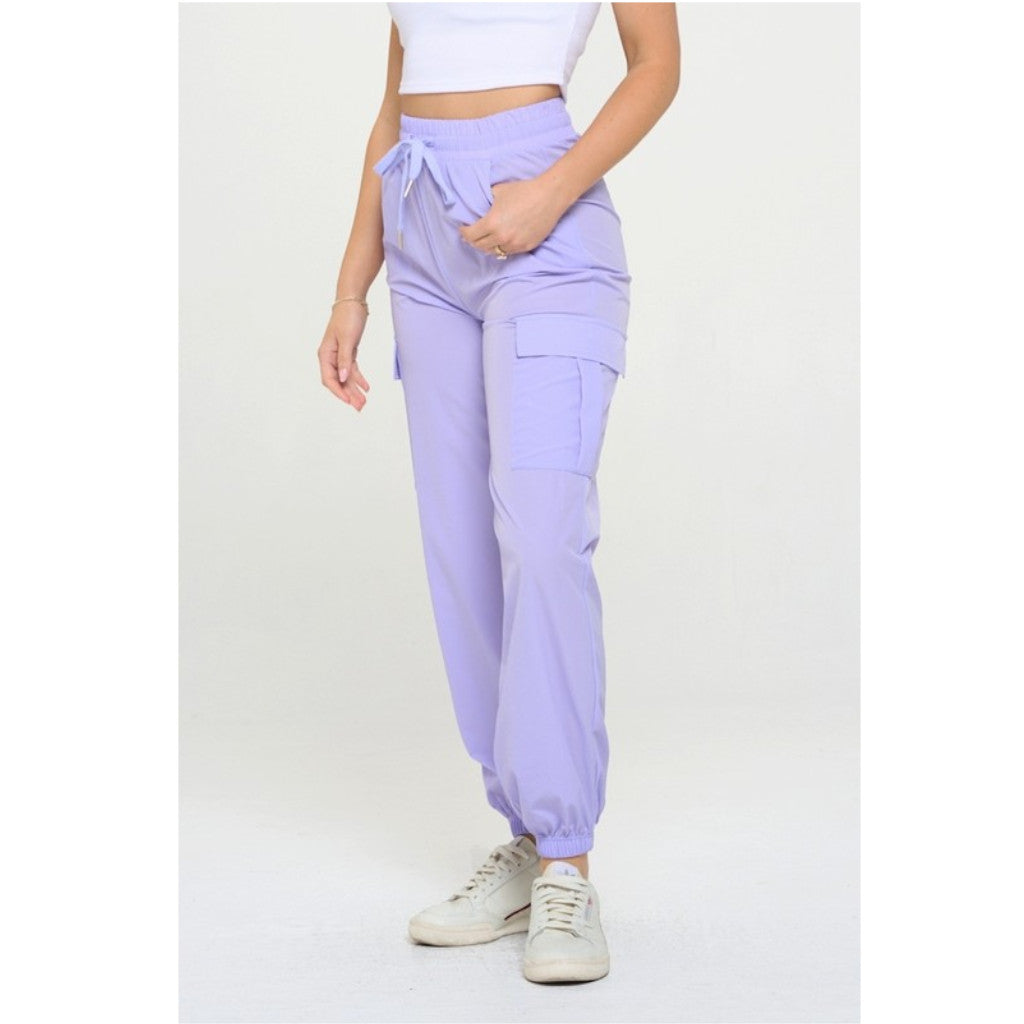 Lavender Women's Cargo Joggers Lightweight Quick Dry Pants on model side view