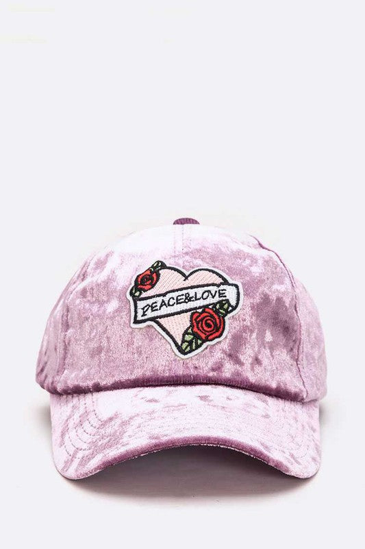 Lavender Peace And Love Heart Patch Distress Velour Cap