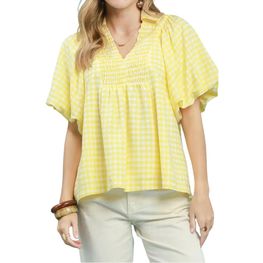 Smocked Yoke Puff Sleeve Gingham Blouse