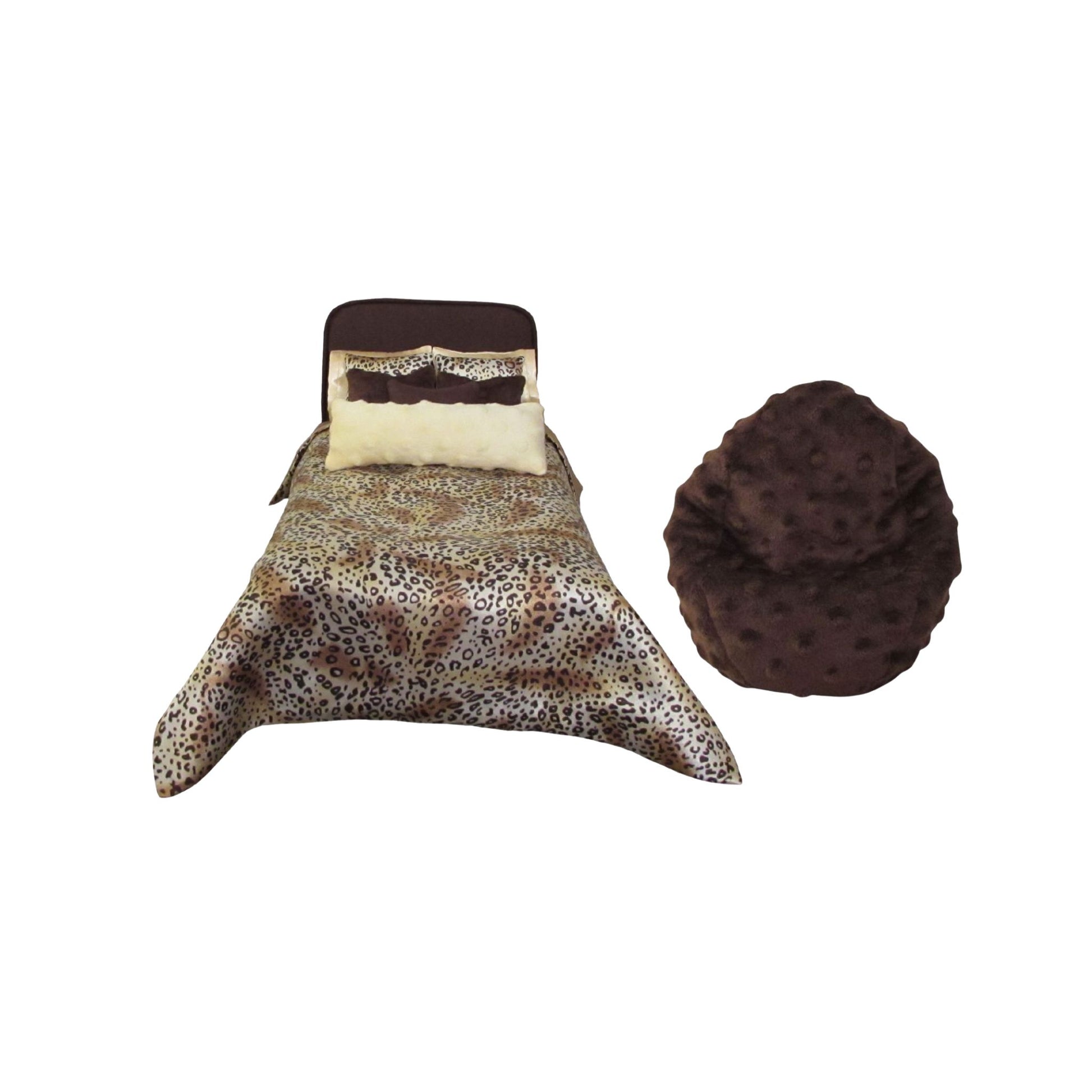 Leopard print doll bedspread with pillows and a brown minky doll bean bag on a white background