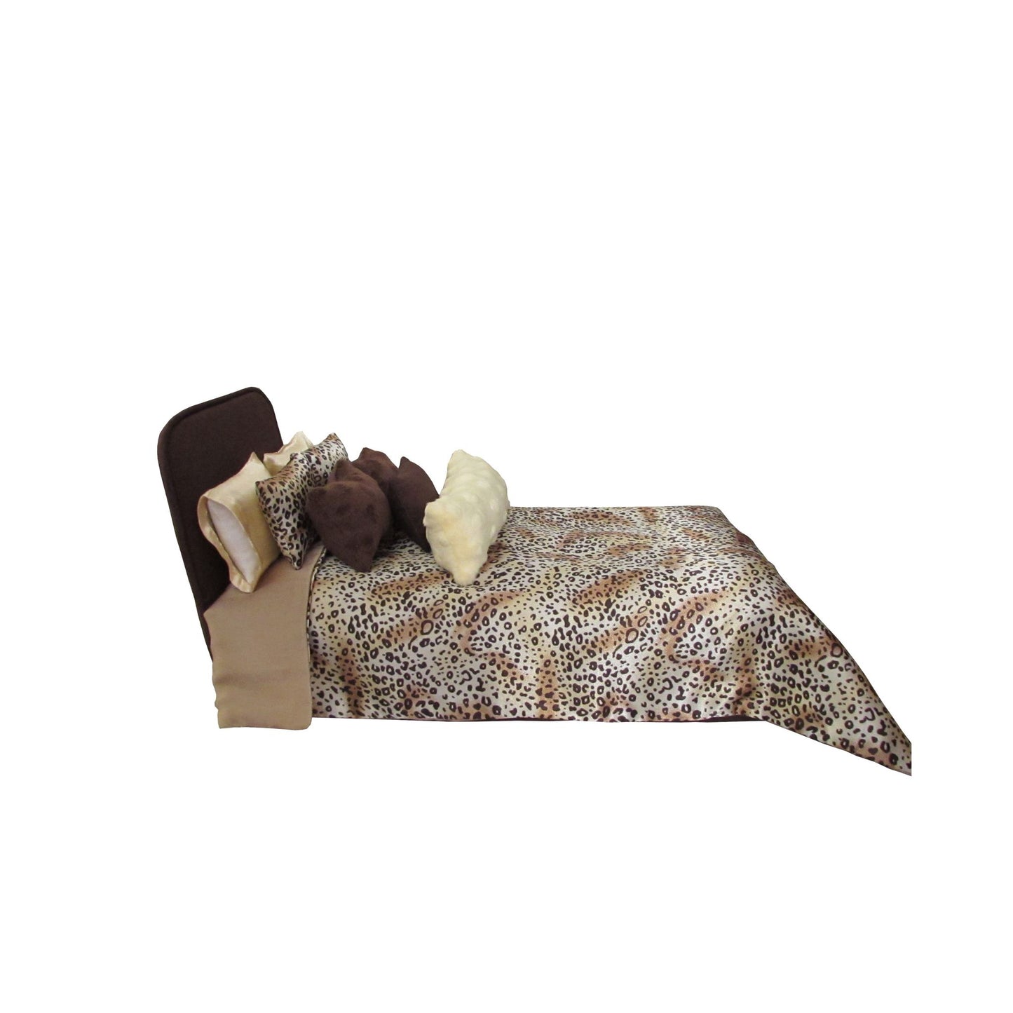 Leopard print bedspread with brown and light yellow pillows on a white background