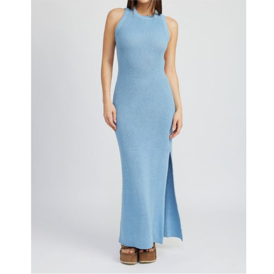 Light Blue Halter Neck Maxi Dress with Open Back on model front view