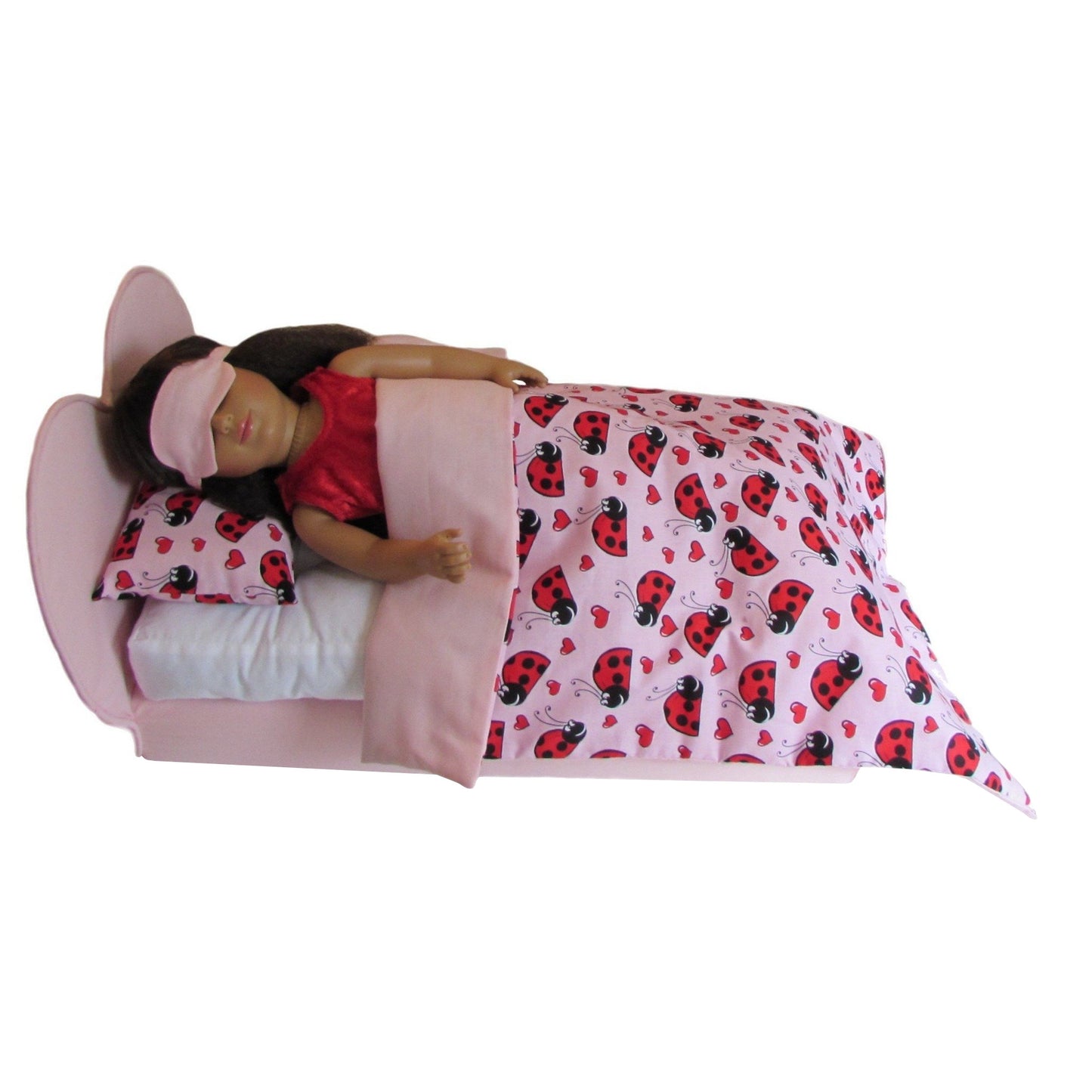 Light Pink Doll Sleep Mask, pink heart doll bed, doll, red pajamas, and ladybug doll bedding for 18-inch dolls