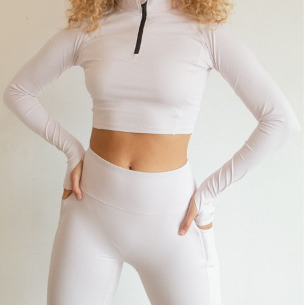 Light Pink Long Sleeve Half Zip Thumb Hole Crop Sport Top Front view