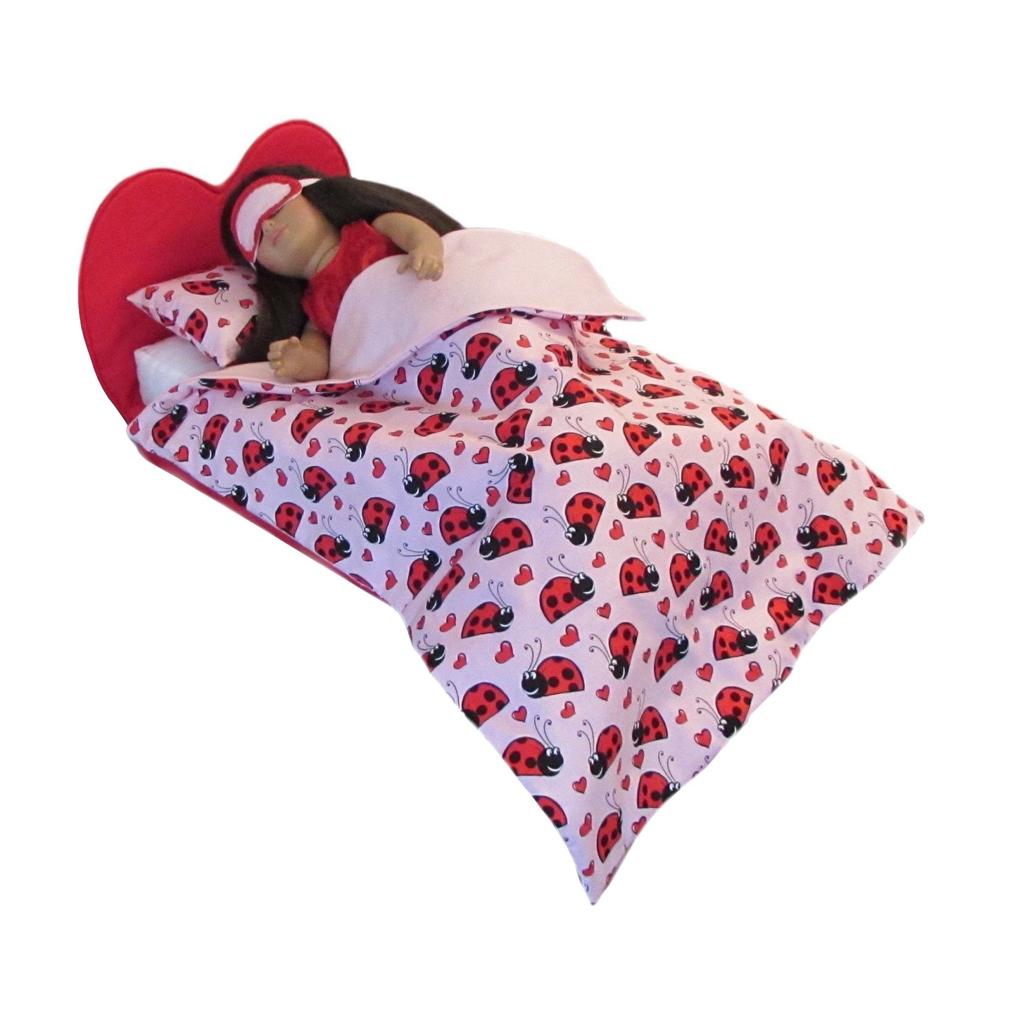 Light Pink with Red Trim Doll Sleep Mask, Red Heart Doll Bed, doll, and lady bug bedding for 18-inch dolls