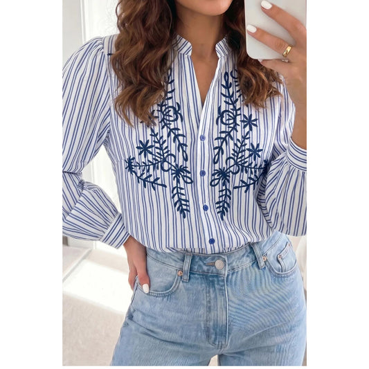 Stripe Embroidered Detail Button Front Long Sleeve Shirt