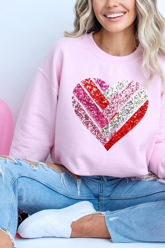 Light Pink Faux Sequins Striped Heart Graphic Sweatshirt