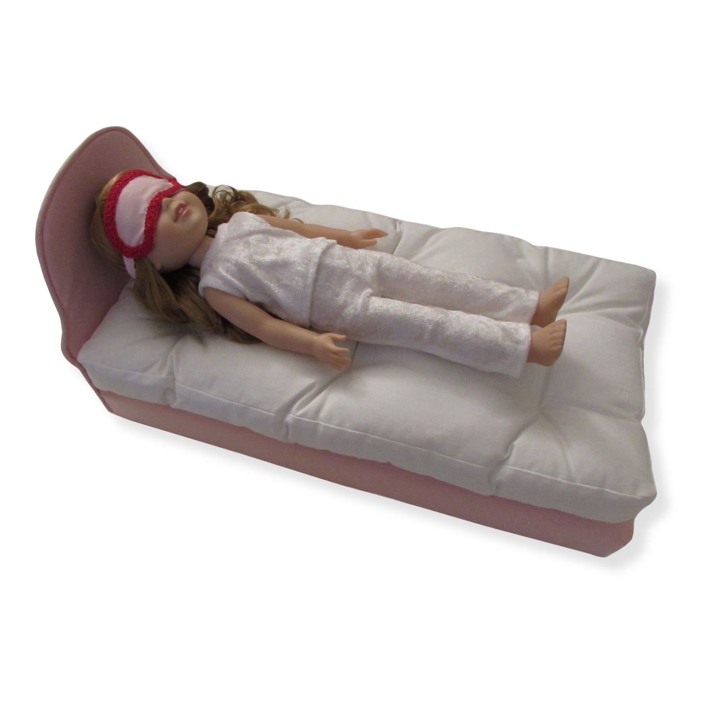 Light Pink with Red Trim Doll Sleep Mask, doll, doll pajamas, and doll bed for 14 1/2-inch dolls