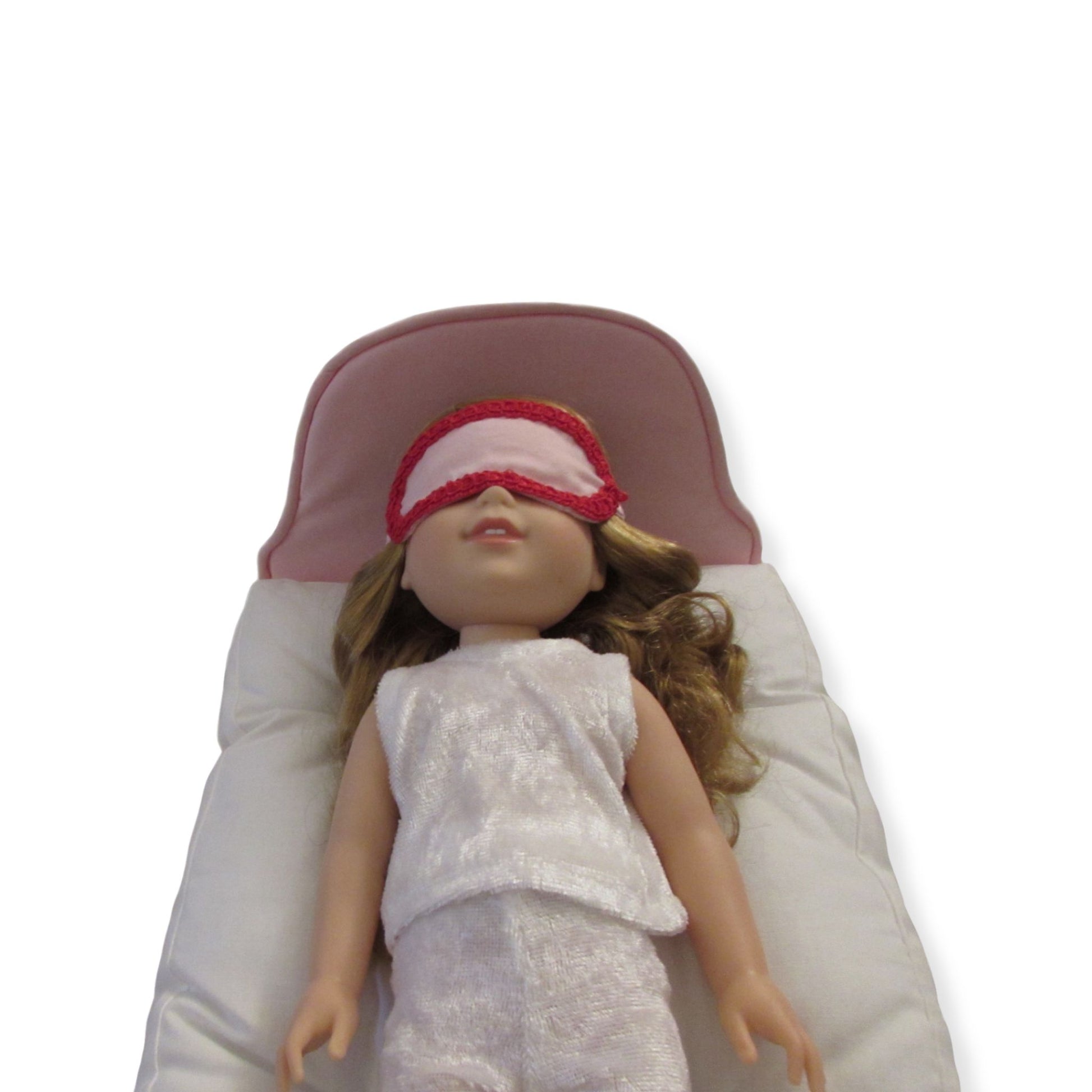 Light Pink with Red Trim Doll Sleep Mask, doll, doll pajamas. and doll bed for 14 1/2-inch dolls