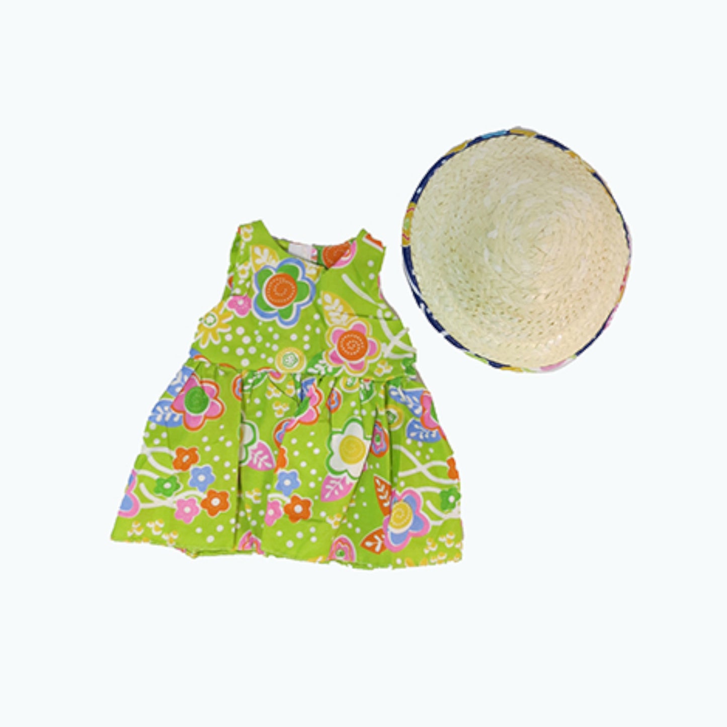 Lime Flower Dress and Rattan Sun Hat for 18-inch dolls Flat