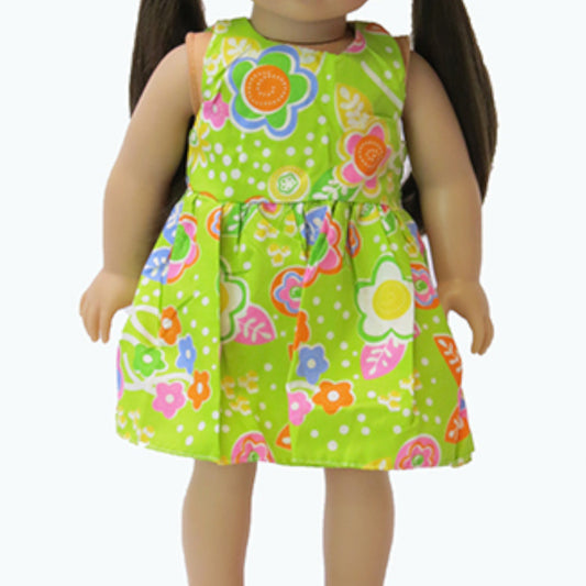 Lime Flower Dress and Rattan Sun Hat for 18-inch dolls with doll