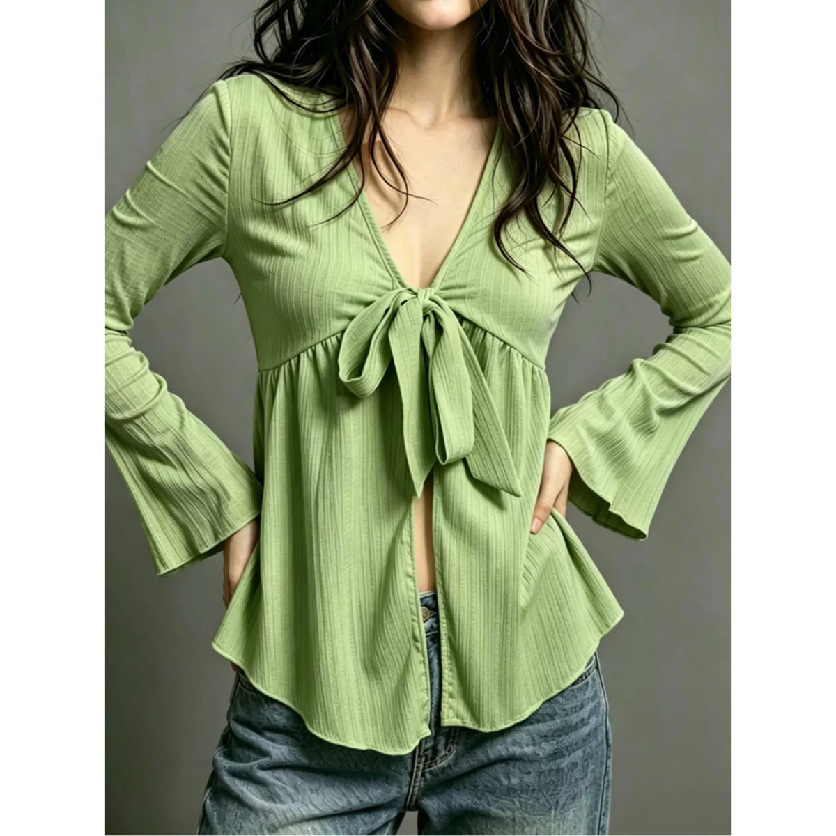 Tie-Front Flare Sleeve Blouse