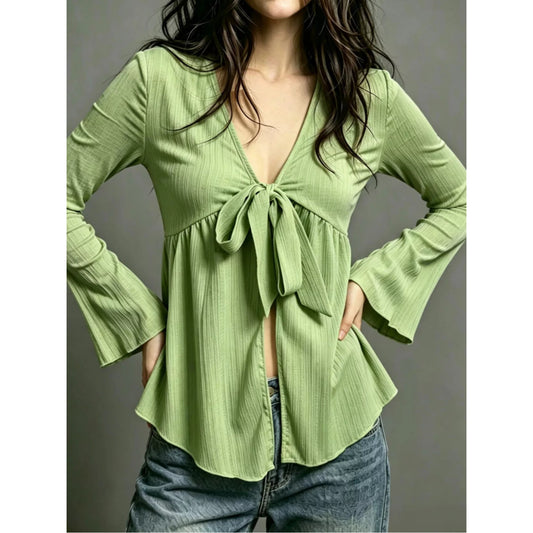 Tie-Front Flare Sleeve Blouse