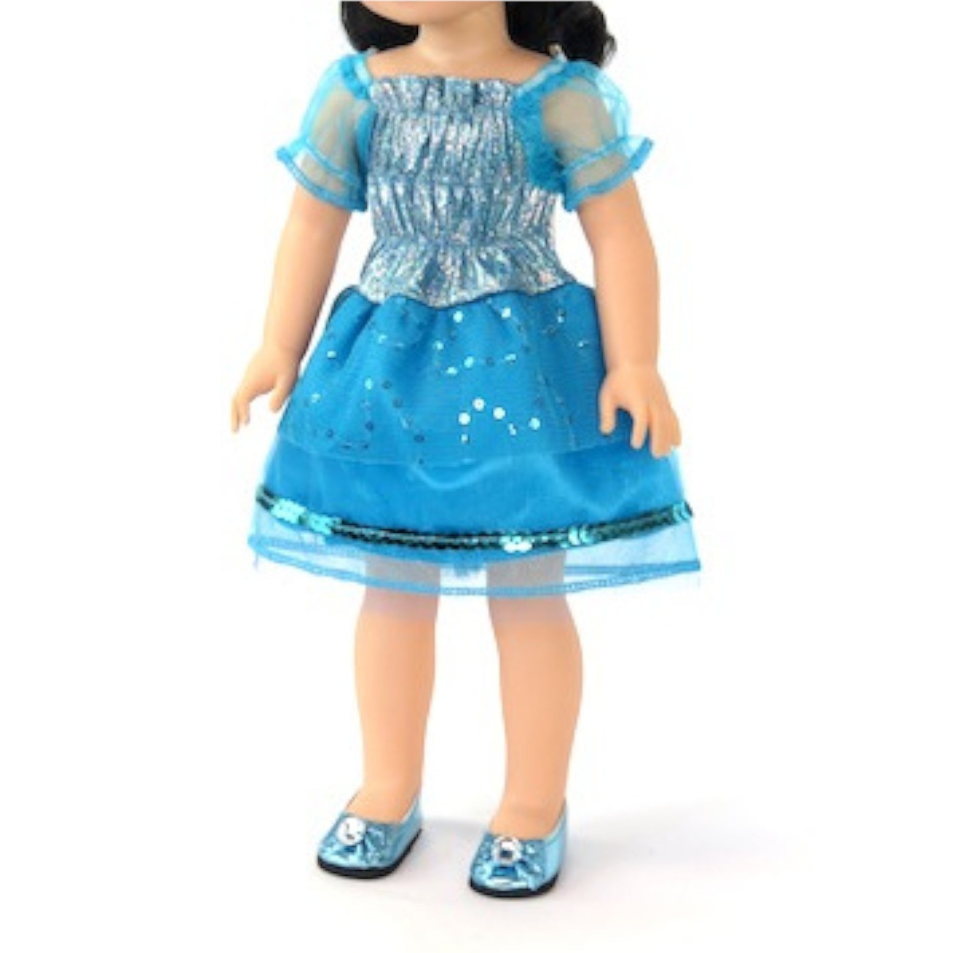 Little Blue Sparkly Dress for 14 1/2-inch dolls with doll Side view