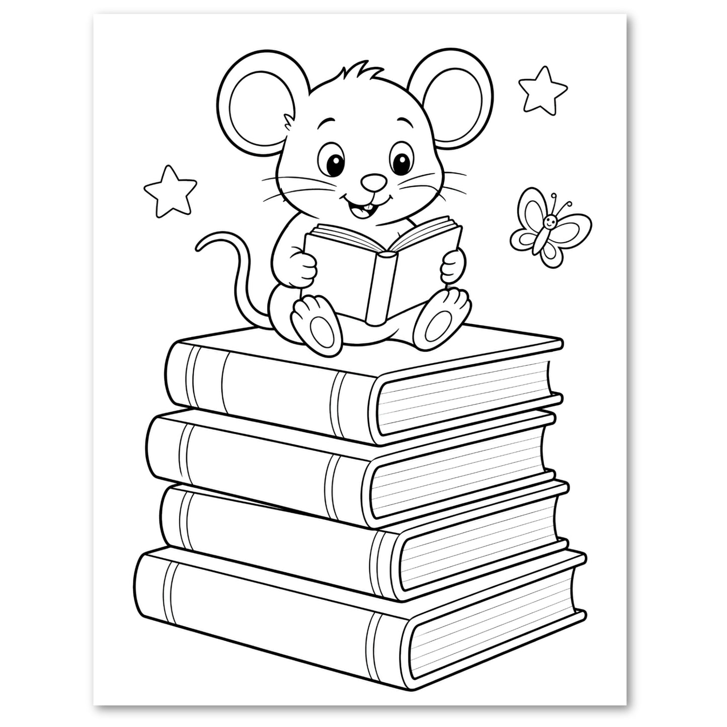 Black-and-white illustration of a mouse atop a pile of books reading a book.