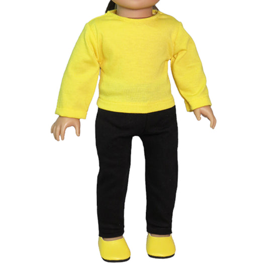 Long Sleeved Yellow Shirt and Leggings For 18-inch dolls lwith doll Front view