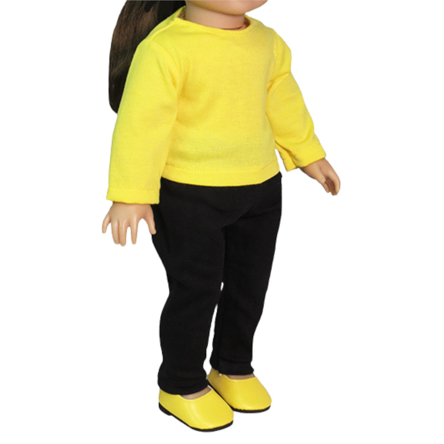 Long Sleeved Yellow Shirt and Leggings for 18-inch dolls with doll Side view