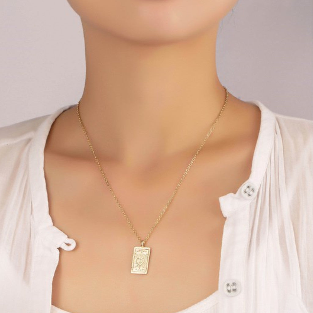 Love Tarot Card Pendant Necklace on neck