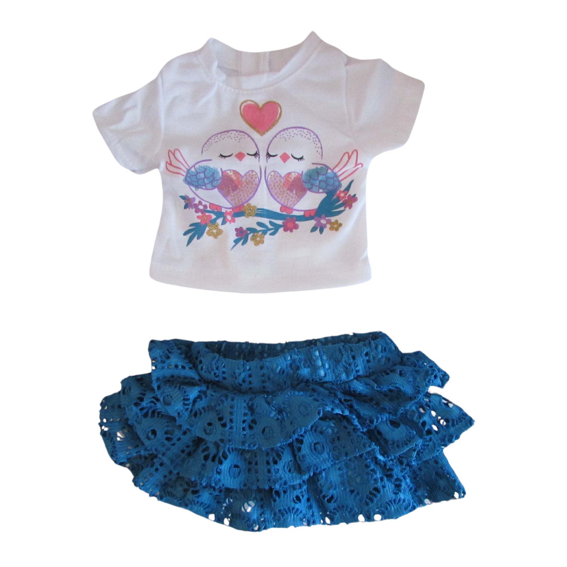 Love Birds Teal Lace Skirt Set for 18-inch dolls Flat