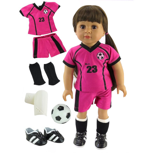 Magenta and Black Soccer Outfit with Accessories for 18-inch dolls with Doll